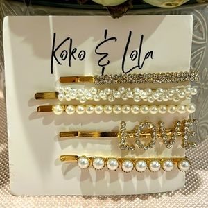 Gold 5 piece Faux Pearl and rhinestone hair slide set